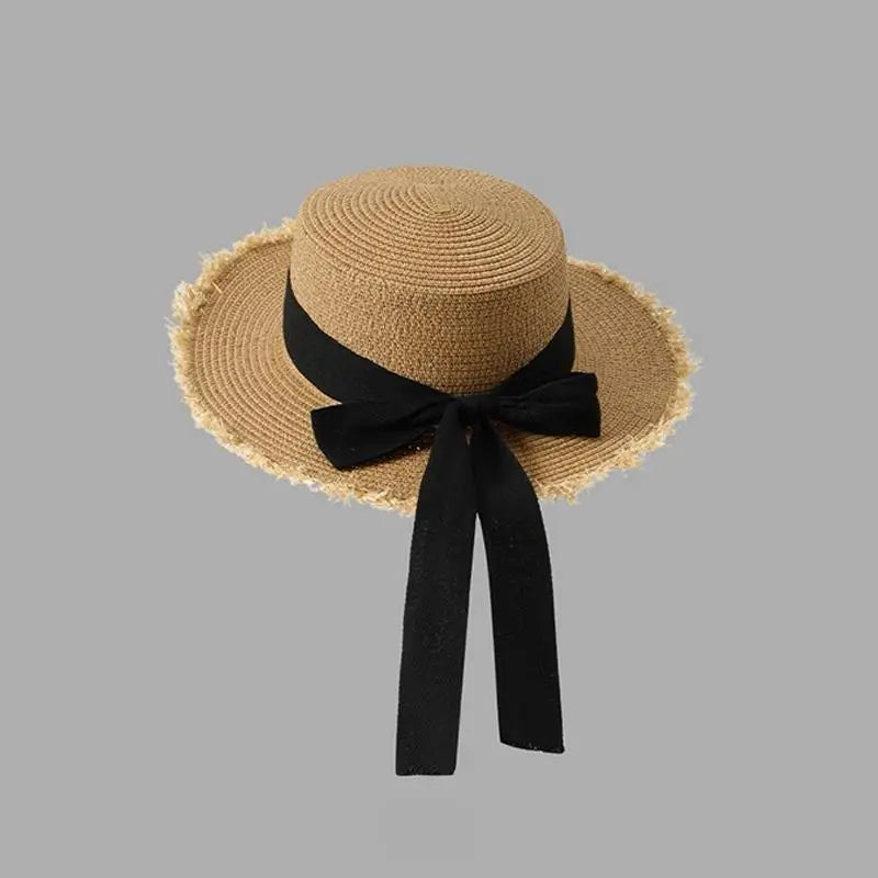 Wide-brimmed Straw Hat Women Beach Sun Hat Fashionable Sun Protection Floral Lace Bow Breathable Summer Hat for Vacation