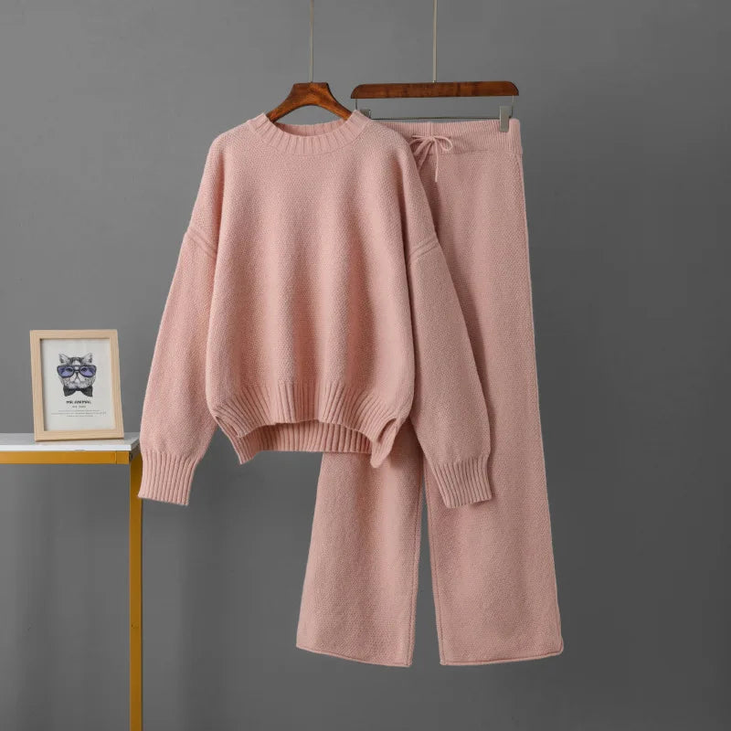 Knitted Drape Wide Leg Pant Suit Two Piece Sets knitwear Winter Thick Warm Sweater Tracksuits casual Women sweater