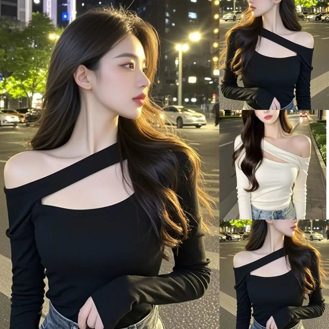 French Off-Shoulder Oblique Collar Long Sleeve Top Women Autumn New Fashion Slimming Versatile T-Shirt