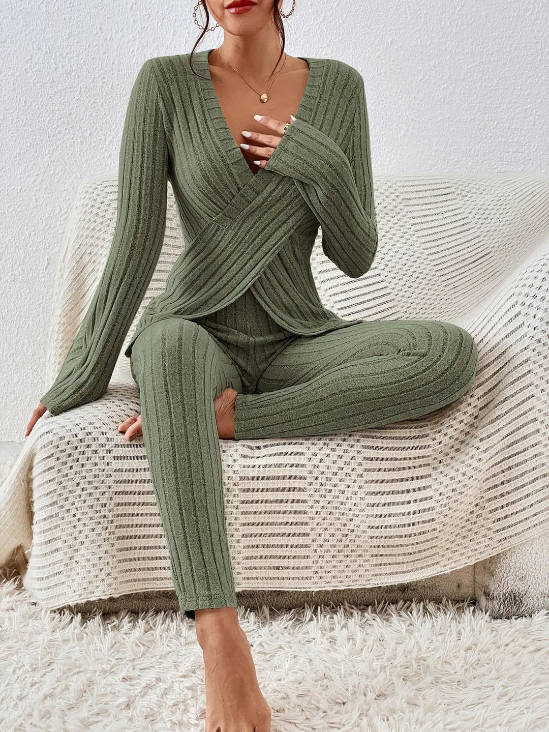 Women 2 Piece Loungewear Set Ribbed Knit Wrap V‑Neck Long Sleeve Top &amp; High Waist Leggings Outfit Set