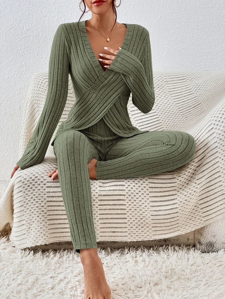 Women 2 Piece Loungewear Set Ribbed Knit Wrap V‑Neck Long Sleeve Top &amp; High Waist Leggings Outfit Set