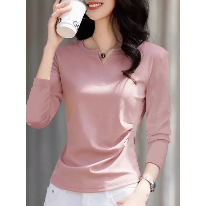 V-neck Long-sleeved T-shirt for Women in Early Autumn 2025 New Pleated Waist Top Temperament and Versatile Base Shirt