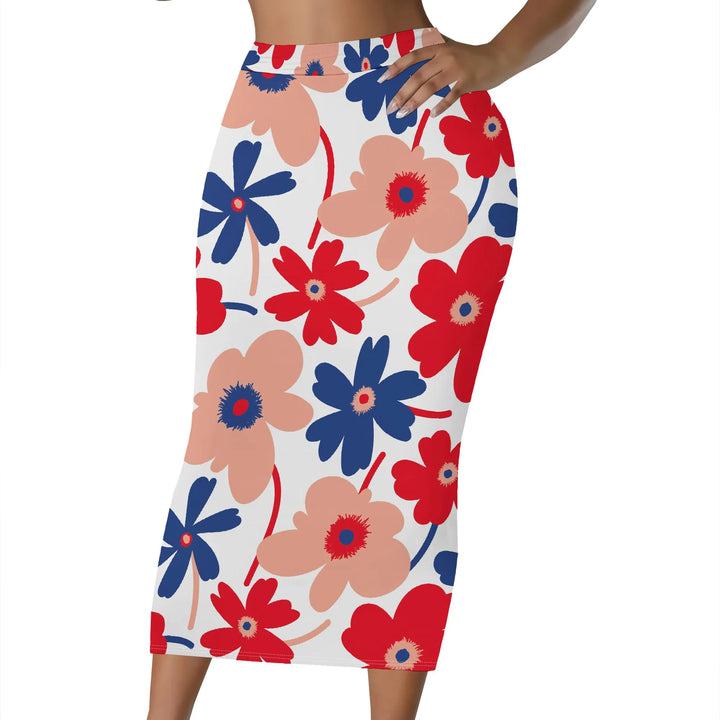 Floral Print Pencil Skirt, Red Berry Leaf Pattern Midi Skirt, High Waist Bodycon Skirt for Women Office Party Wear S-2XL