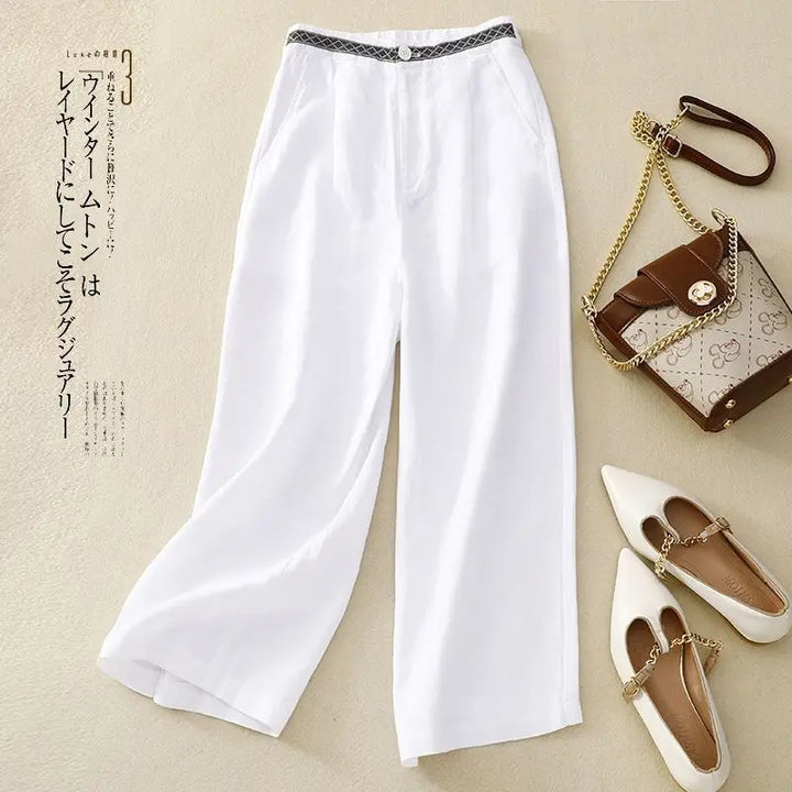 Linen Wide Leg Pants Women Loose Flowy Versatile Cropped Trousers