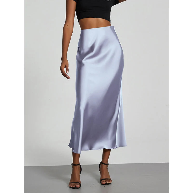 Minimalist Satin Midi Skirt  High Waist Bias Cut Flowy Hem Top for Office &amp; Casual Streetwear