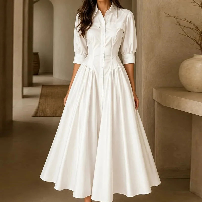 Elegant Women Solid Maxi Dress Single-Breasted Turn-Down Collar Autumn Party Dress Holiday Simple Button Patchwork Casual Dress