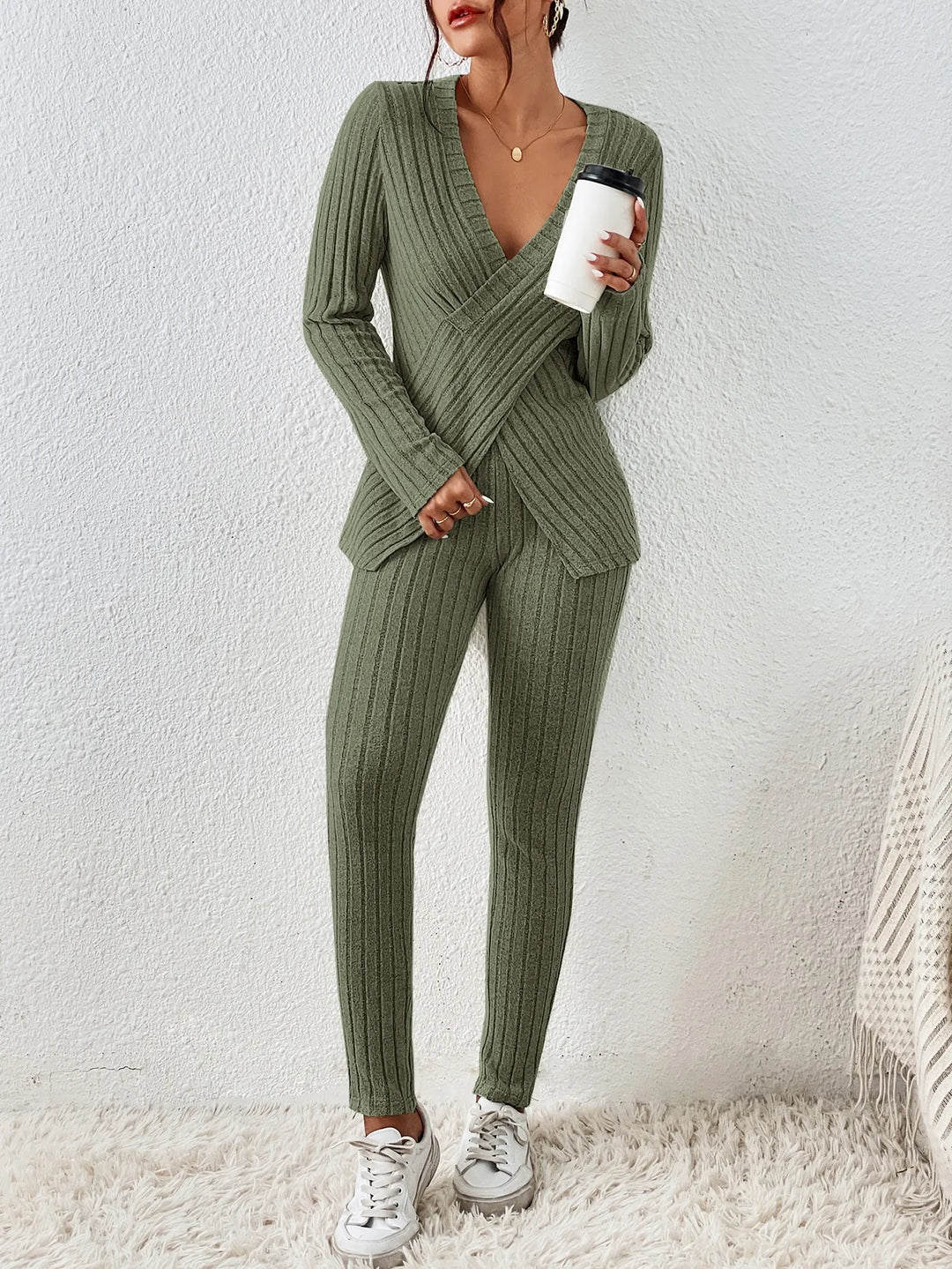 Women 2 Piece Loungewear Set Ribbed Knit Wrap V‑Neck Long Sleeve Top &amp; High Waist Leggings Outfit Set