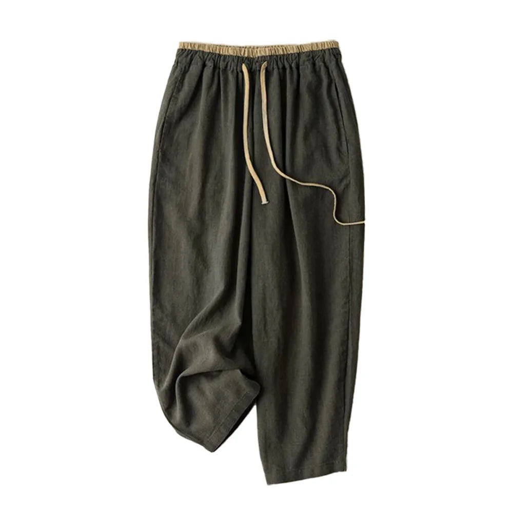 Linen Casual Solid Lace Up Elastic High Waist Loose Wide Leg Women&