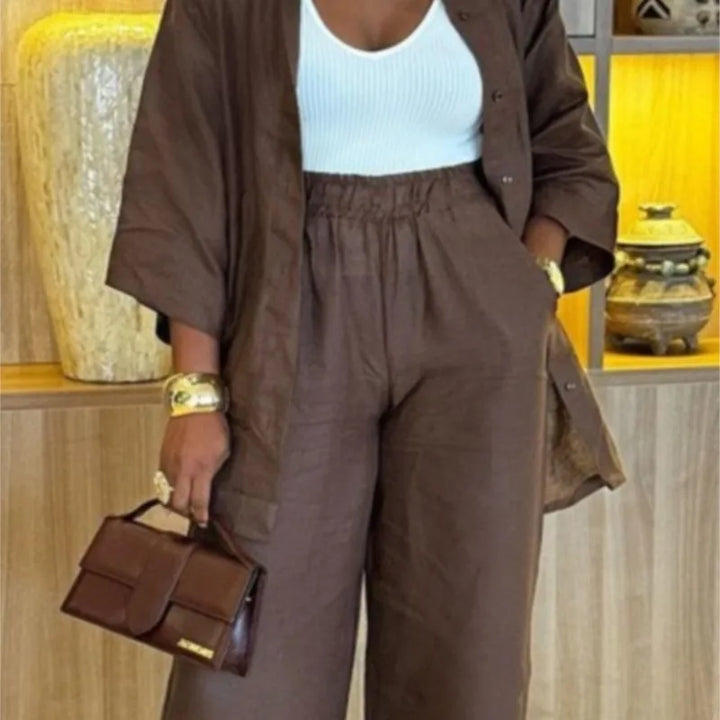 Cotton Linen Pants Sets Women Spring Summer Loose Long Sleeve Shirt + Trousers Two Piece Outfit Casual Office Brown Ladies Suit