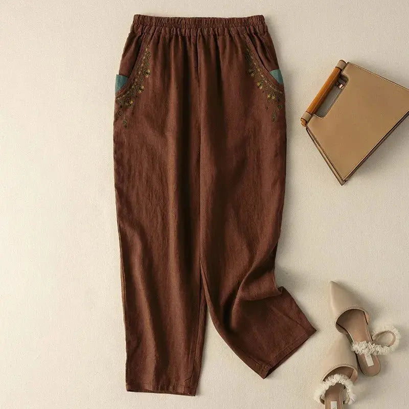 Embroidery Linen Solid Casual Elastic High Waist Loose Wide Leg Women&