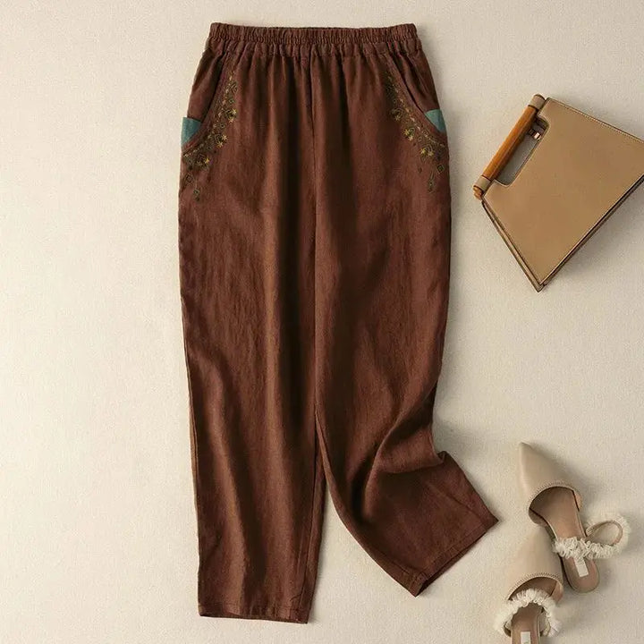 Embroidery Linen Solid Casual Elastic High Waist Loose Wide Leg Women&