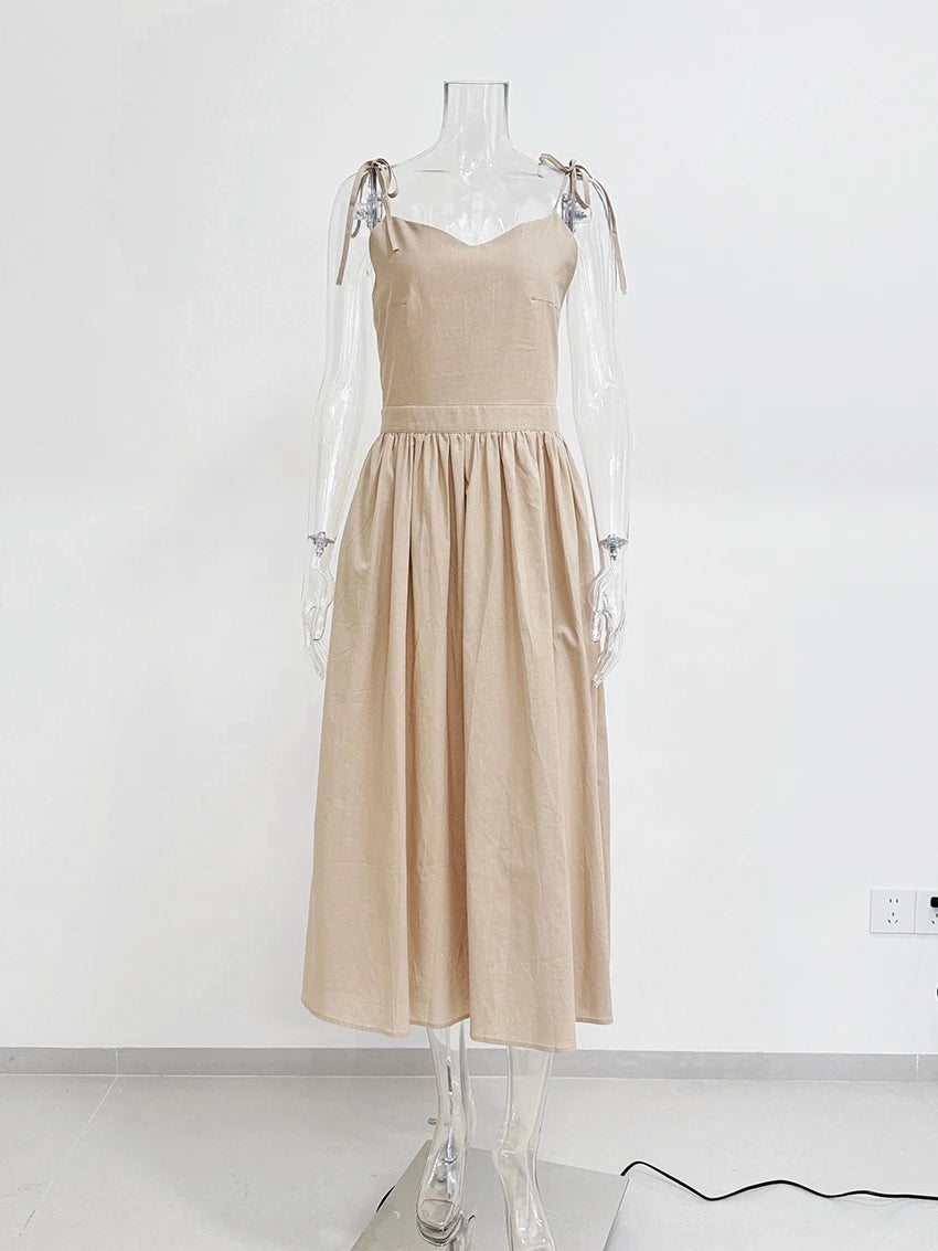 WXOY Cotton Backless Maxi Dress French Style Spaghetti Strap Solid Color Elegant Holiday Sleeveless Sundress Vacation Outfit