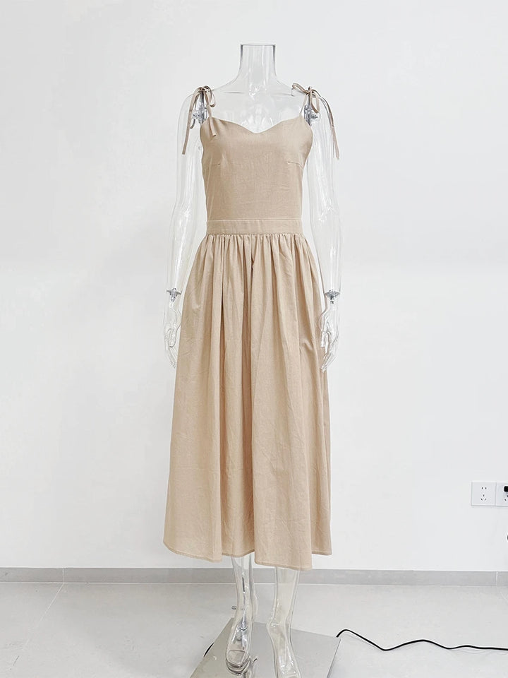 WXOY Cotton Backless Maxi Dress French Style Spaghetti Strap Solid Color Elegant Holiday Sleeveless Sundress Vacation Outfit
