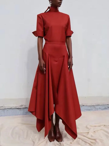 Women's Formal Evening Gowns Red Asymmetric Skirt Evening Dresses Elegant Party Dresses Tie Neck Blouse & High Waist Maxi Set