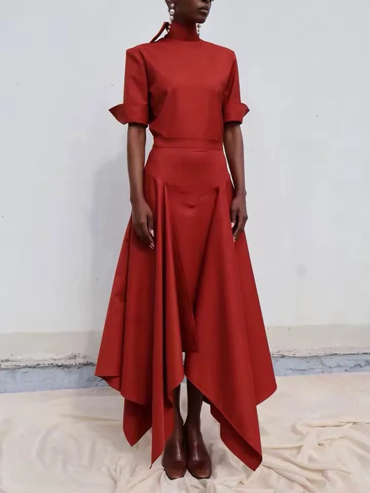 Women's Formal Evening Gowns Red Asymmetric Skirt Evening Dresses Elegant Party Dresses Tie Neck Blouse & High Waist Maxi Set