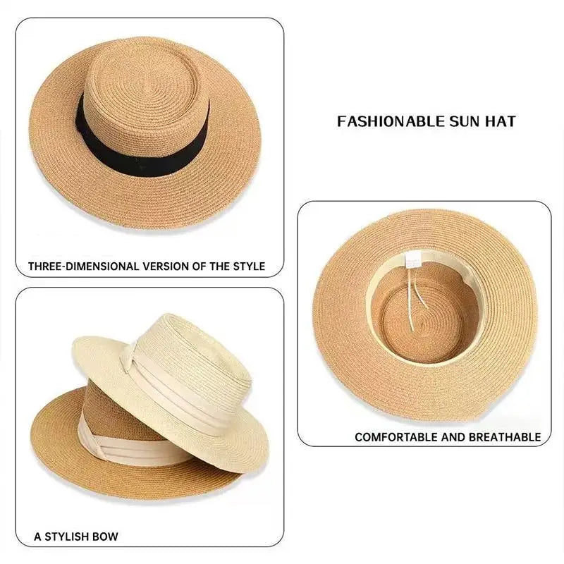 Straw Hat Women French Style Flat Top Wide Brim Sun Protective Hat Summer Beach Vacation Travel FashionHot