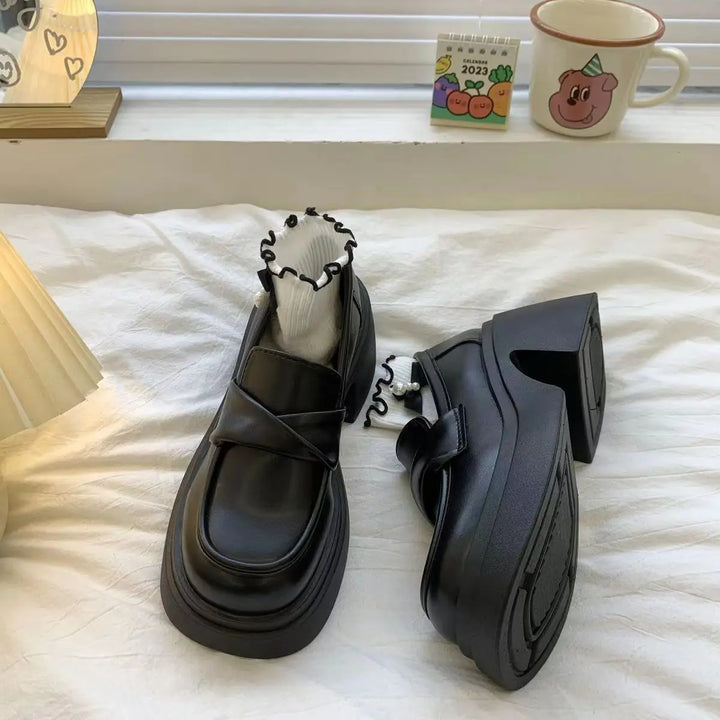 New High Platform Loafers Women Black Heeled Slip On Shoes Woman Faux Leather Heels Female Driving Loafers Chunk Block Heel Shoe