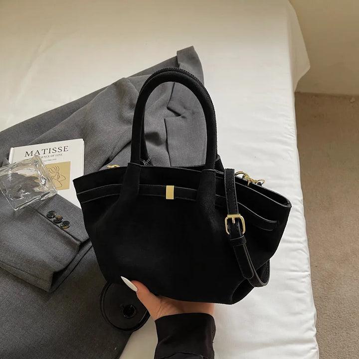Matte Leather Suede Tote Handbags for Women Large Capacity Retro Shoulder Bag Fall Winter Belt Design Female Crossbody Bags