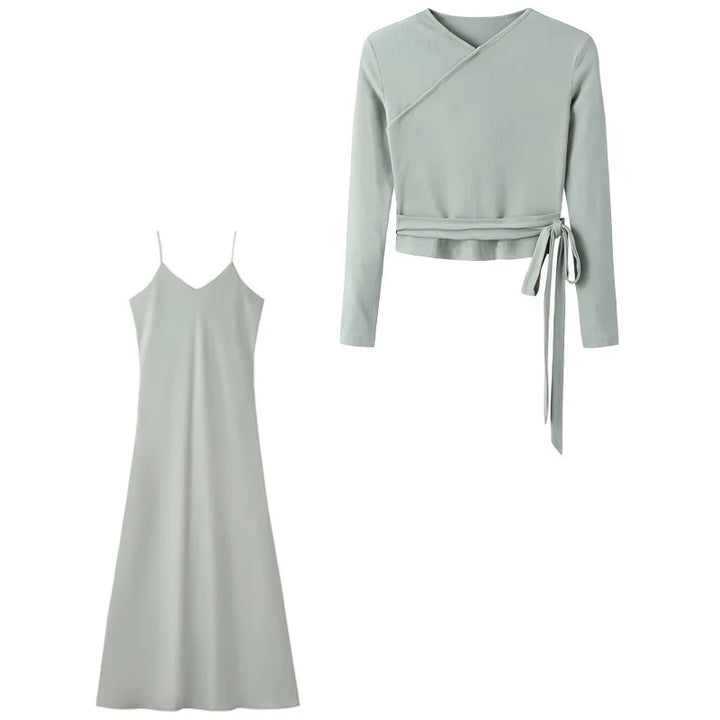 Winter Autumn Knitted Two Piece Dress Set Women V Neck Blouse Solid Elegant A Line Straps Maxi Dress Suits Sashe Female Outfit
