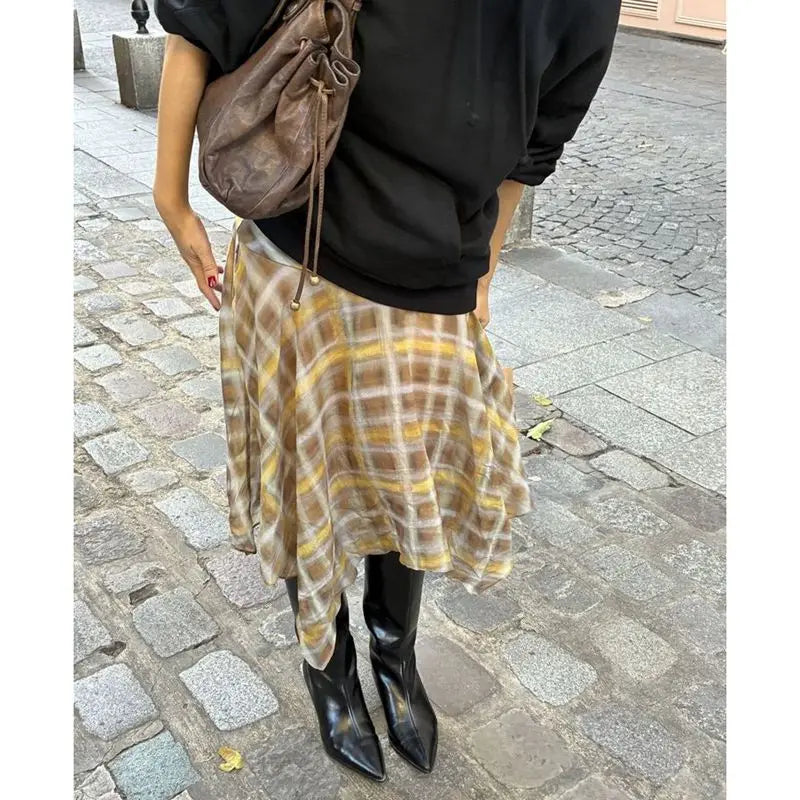 Summer Midi Skirts for Women Side Zipper Low Waist Y2k Vintage Graphic Tie-dye Plaid Print Irregular Ruffle Hem Skirt