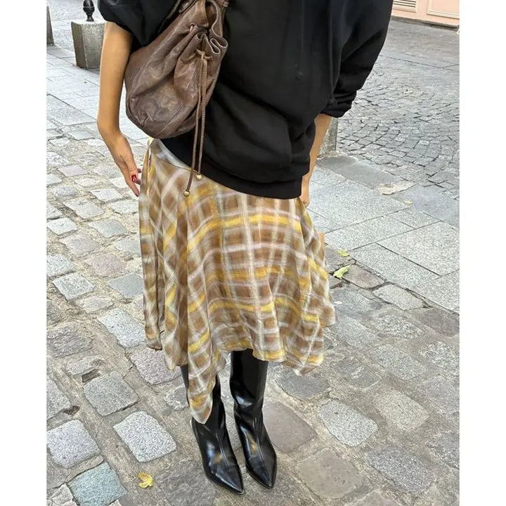 Summer Midi Skirts for Women Side Zipper Low Waist Y2k Vintage Graphic Tie-dye Plaid Print Irregular Ruffle Hem Skirt