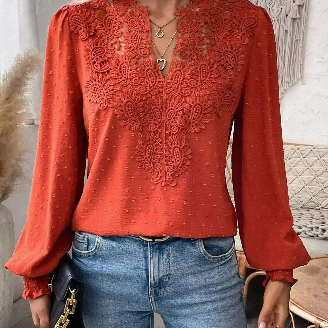 2026 New V-Neck Lace Splicing Long Sleeve Casual Shirt Women&