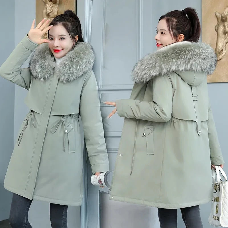 2026 New Women Winter Jacket 8XL Slim Long Coat Casual Parkas Big Fur Collar Wool Liner Hooded Outwear Cotton Warm Coats Female