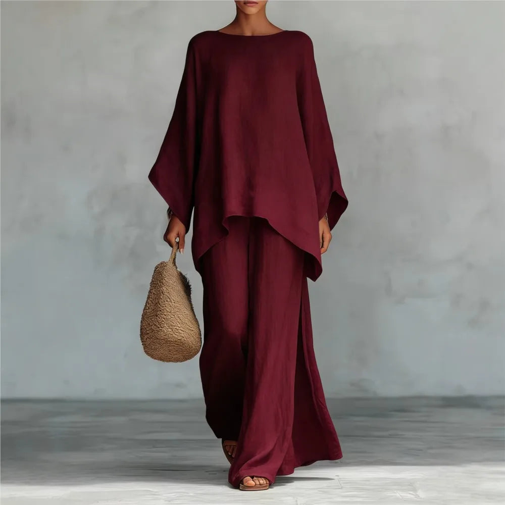 Fashion Linen Loose Long-sleeved Wide-leg Trousers 2-piece Set Women Spring New Casual Retro Elegant Female Simple Trousers Suit