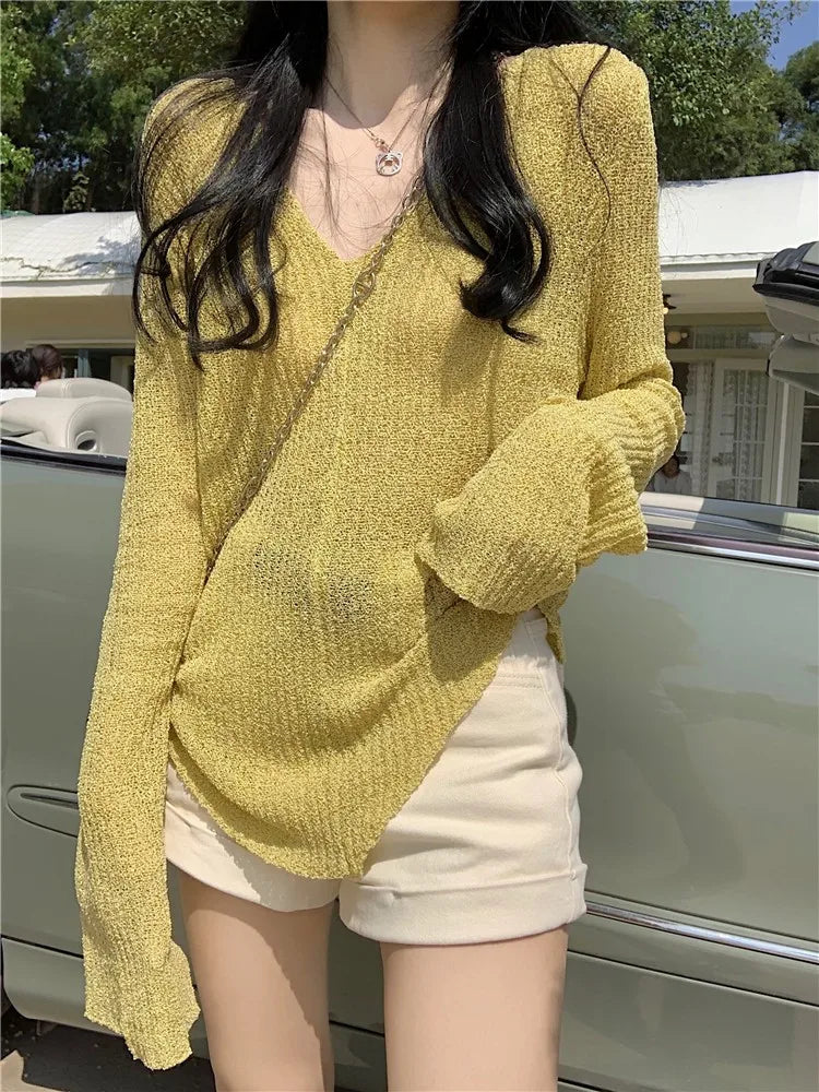 Lightweight V-Neck Knitted Top for Women Spring Summer Loose Fit Sun Protection Yellow Color Commute Style Korean Version