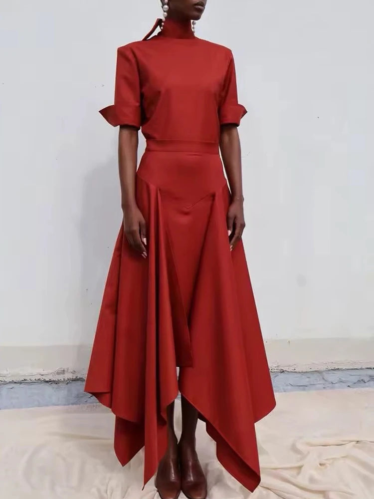 Women's Formal Evening Gowns Red Asymmetric Skirt Evening Dresses Elegant Party Dresses Tie Neck Blouse & High Waist Maxi Set