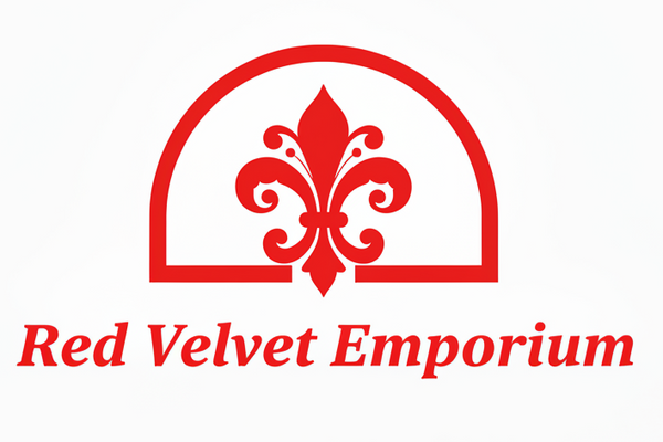 Logo with Red Velvet Emporium with decorative element and text on a white background